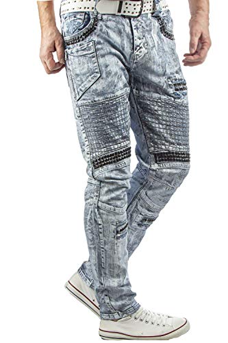 Cipo & Baxx Herren Jeans Hose Straight Fit Waschung CD529 Blau Ziernähte Biker Hose Denim Design Blau W30 L32 von Cipo & Baxx