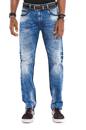 Cipo & Baxx Herren Jeans Hose Used Look Destroyed Denim Straight Fit Hose Blau W32 L32 von Cipo & Baxx