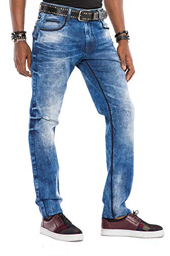 Cipo & Baxx Herren Jeans Hose Used Look Destroyed Denim Straight Fit Hose Blau W33 L34 von Cipo & Baxx