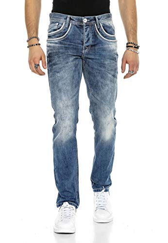 Cipo & Baxx Herren Jeans Hose Used Look Regular Fit Vintage Denim Destroyed Ziernaht C-1127 W38 L32 Blau von Cipo & Baxx