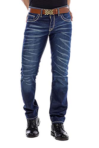 Cipo & Baxx Herren Jeans Hose Used Look Röhrenjeans Straight Fit Kontrastnähte Denim Dunkelblau W31 L34 von Cipo & Baxx