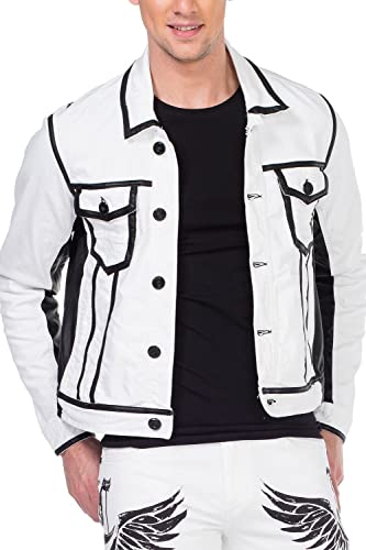 Cipo & Baxx Herren Jeans Jacke Outdoorjacke Biker-Stil Übergangsjacke mit Lederoptik Weiß Gr.L von Cipo & Baxx