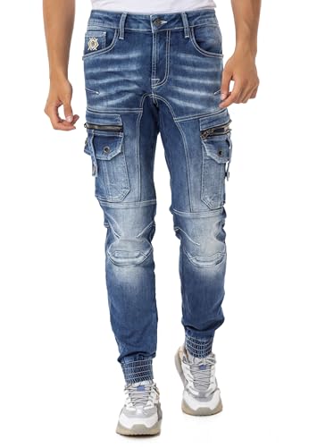 Cipo & Baxx Herren Jeanshose Cargotaschen Freizeithose Denim Reißverschluss Baumwolle Hose CD845 Blau W33 L34 von Cipo & Baxx