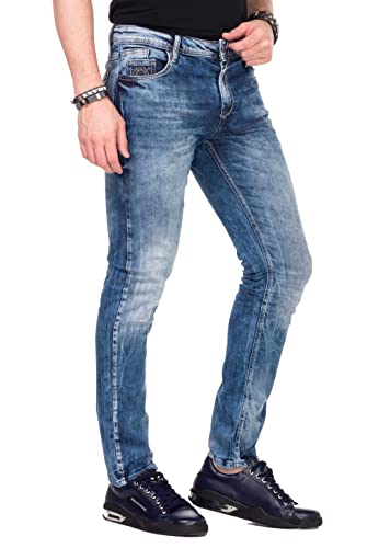 Cipo & Baxx Herren CD 319 Jeanshose Denim 5-Pocket Design Dicke Naht Used Look Straight Fit Jeans Hose CD319 Blau von Cipo & Baxx