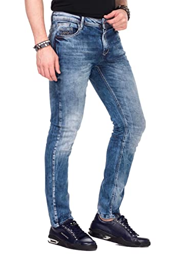 Cipo & Baxx Herren Jeanshose Denim 5-Pocket Design Dicke Naht Used Look Slim Fit Jeans Hose CD319 Blau W38 L34 von Cipo & Baxx