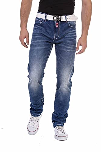 Cipo & Baxx Herren Jeanshose Denim Kontrastnähte Straight Fit Regular Jeans Hose Pants CD704 Blau W32 L32 von Cipo & Baxx