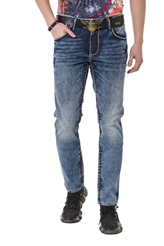 Cipo & Baxx Herren Jeanshose Denim Pants Casual Straight Fit mit kontrastfarbenen Nähten CD729 Blau W29 L32 von Cipo & Baxx