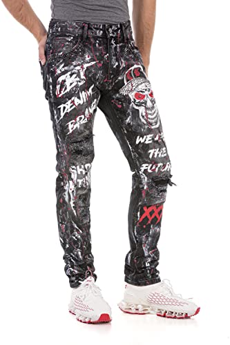 Cipo & Baxx Herren Jeanshose Hose Denim Destroyed Regular Fit Graffiti Design Straight CD700 Schwarz W36 L32 von Cipo & Baxx