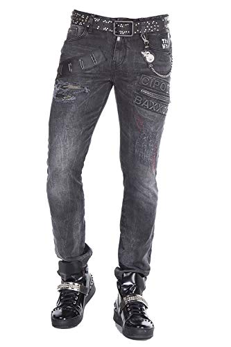 Cipo & Baxx Herren Jeanshose Kunstleder Destroyed Nieten 3D Label Denim Pant Skinny Regular Fit Hose Used CD396 Schwarz W31 L34 von Cipo & Baxx