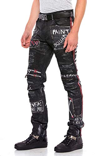 Cipo & Baxx Herren Jeanshose Straight Fit Denim Rockig Design Biker Hose Ripped Pants Jeans Regular Fit Jeans Hose Schwarz W29 L32 von Cipo & Baxx