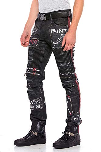 Cipo & Baxx Herren Jeanshose Straight Fit Denim Rockig Design Biker Hose Ripped Pants Jeans Regular Fit Jeans Hose Schwarz W30 L32 von Cipo & Baxx