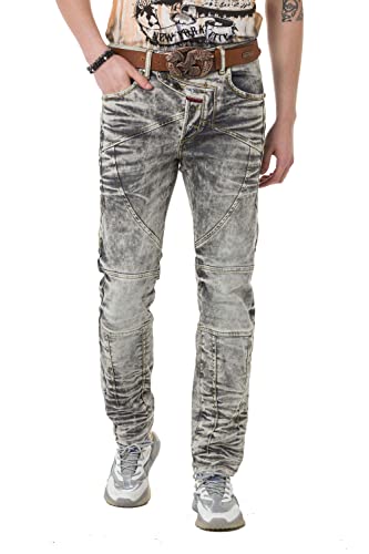 Cipo & Baxx Herren Jeanshose Straight Fit Verwaschen Ziernähten Denim Hose Jeans CD718 Grau W33 L32 von Cipo & Baxx