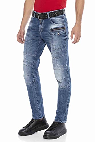 Cipo & Baxx Herren Jeanshose Straight Leg Ziernähte Casual Denim Designer Hose CD577 Blau W30 L32 von Cipo & Baxx