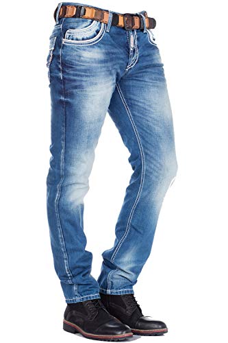 Cipo& Baxx Herren Jeanshose Used Basic Straight Fit Denim Regular Jeans Hose Dicke Naht Blau W34 L32 von Cipo & Baxx