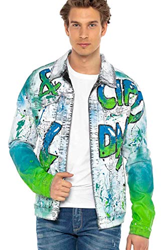 Cipo & Baxx Herren Jeansjacke Ausgefallen Farbig Schrift Neonfarbe Übergangsjacke Freizeit Jacke Grün-Blau L von Cipo & Baxx