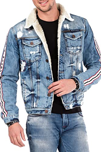 Cipo & Baxx Herren Jeansjacke CJ233 Blau – Stylische Denim Jacke mit Warmem Kunstfellfutter, Zierstreifen & Used-Look – Modische Übergangsjacke für Alltag, Freizeit & Party – CJ233 Blau L von Cipo & Baxx
