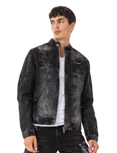 Cipo & Baxx Herren Jeansjacke CJ299 Schwarz – Stylische Denim Jacke im Biker Design mit Stehkragen, Reißverschluss & Used-Waschung – Übergangsjacke für Alltag & Freizeit – CJ299 Schwarz S von Cipo & Baxx