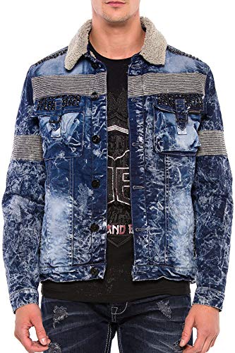 Cipo & Baxx Herren Jeansjacke CJ245 Blau – Stylische Denim Jacke im Used-Look mit Kunstfellkragen & Zierdetails – Modische Übergangsjacke für Alltag, Freizeit & Party – CJ245 Blau XL von Cipo & Baxx