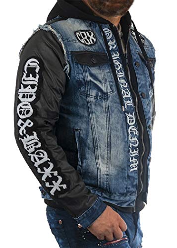 Cipo & Baxx Herren Jeansjacke Denim Kapuzenjacke Stickerei Kunstleder Rockig Bikerjacke Übergangsjacke Blau M von Cipo & Baxx