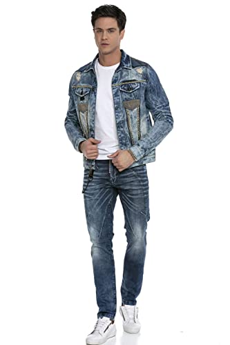 Cipo & Baxx Herren Jeansjacke Destroyed Nieten Denim Used Vintage Übergangsjacke CJ264 Blau L von Cipo & Baxx