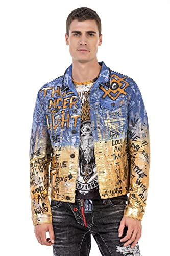 Cipo & Baxx Herren Jeansjacke Jacke Ausgefallen Nieten Graffiti Design Übergangsjacke Freizeit CJ265 Blau-Gold L von Cipo & Baxx