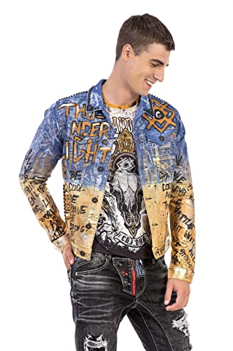 Cipo & Baxx Herren Jeansjacke Jacke Ausgefallen Nieten Graffiti Design Übergangsjacke Freizeit CJ265 Blau-Gold M von Cipo & Baxx