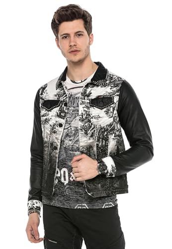 Cipo & Baxx Herren Hybrid-Denimjacke CJ-252 Schwarz - Wald & Silhouette Stil Druck, Sport Verschiedene Jackenmodelle - Sweat-Kapuze und Sweatärmeln - mit Modernen Komfort-Details - CJ-252 Schwarz M von Cipo & Baxx