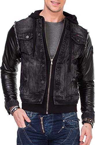 Cipo & Baxx Herren Jeansjacke Sweatjacke Übergangsjacke Kapuze Designer Kunstlederärmel Denimjacke Jacke Sweatkapuzenjacke Gr.S Schwarz von Cipo & Baxx