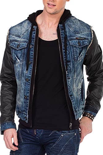 Cipo & Baxx Herren Jeansjacke Sweatjacke Übergangsjacke Kapuze Designer Kunstlederärmel Denimjacke Jacke mit Sweatkapuze Gr.L Blau von Cipo & Baxx