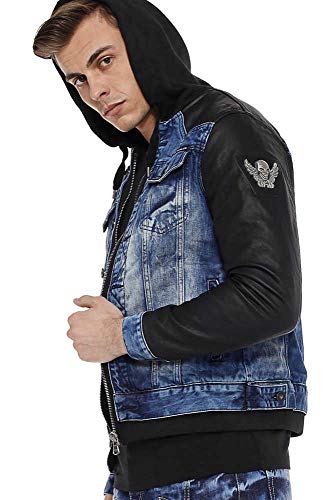 Cipo & Baxx Herren Jeansjacke Sweatkapuze Kunstleder Bikerjacke Freizeitjacke CJ235 Blau 3XL von Cipo & Baxx