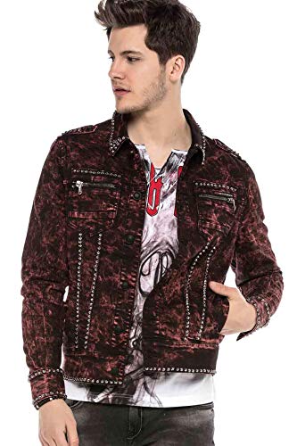 Cipo & Baxx Herren Jeasnjacke Denim Übergansjacke Freizeitjacke mit Allover-Muster und Ziernähten Weinrot S von Cipo & Baxx