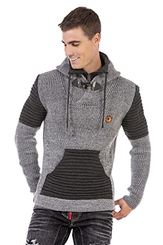 Cipo & Baxx Herren Kapuzenpullover Strick Pullover Rippen Design Kragen Hoodie Sweater Pulli CP253 Grau-Anthracite XL von Cipo & Baxx