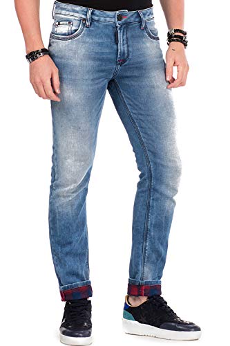 Cipo & Baxx Herren Klassiche Jeanshose 5-Pocket-Design-Used Straight Fit Denim Hose Kariert Blau W29 L32 von Cipo & Baxx