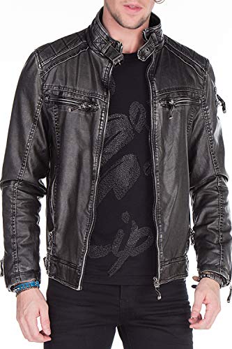 Cipo & Baxx Herren Kunstlederjacke Bikerjacke Übergangsjacke 3D Print Used-Look Lederjacke Jacke mit Totenkopf Schwarz S von Cipo & Baxx