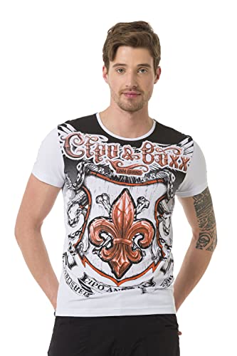 Cipo & Baxx Herren Kurzarm T-Shirt Sommer Baumwolle Rundhals Print Graffiti Design CT691 Weiß M von Cipo & Baxx