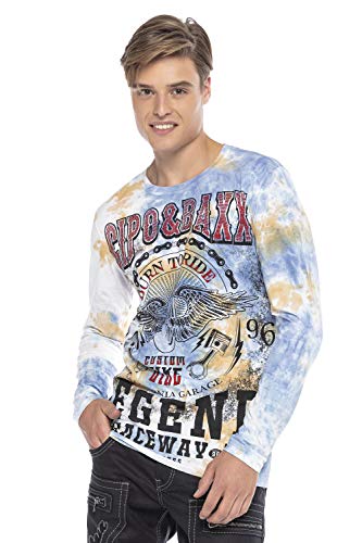 Cipo & Baxx Herren Langarmshirt Applikationen Strassstein Longsleeve Sweater Motorcycle Pullover Orange-Blau XXL von Cipo & Baxx