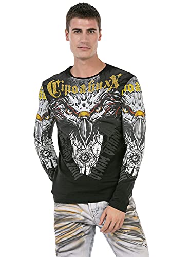 Cipo & Baxx Herren Langarmshirt Aufdruck Strasssteine Longsleeve Sweatshirt Shirt CL488 Schwarz L von Cipo & Baxx