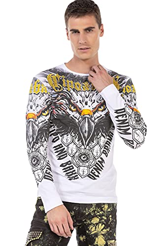 Cipo & Baxx Herren Langarmshirt Aufdruck Strasssteine Longsleeve Sweatshirt Shirt CL488 Weiß S von Cipo & Baxx