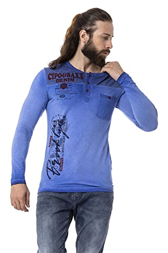 Cipo & Baxx Herren Langarmshirt Batik Knopfleiste Rundhals Brusttasche Print Longsleeve CL527 Blau L von Cipo & Baxx
