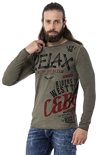 Cipo & Baxx Herren Langarmshirt Batik Print Rundhals Knopf CL518 Khaki M von Cipo & Baxx