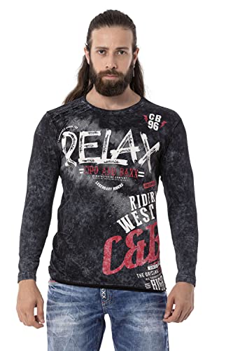 Cipo & Baxx Herren Langarmshirt Batik Print Rundhals Knopf CL518 Schwarz XL von Cipo & Baxx