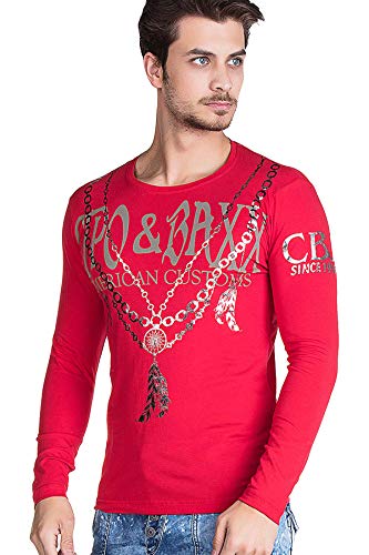 Cipo & Baxx Herren Langarmshirt Glänzend Longsleeve Sweatshirt Print Rundhals Sweater Rot L von Cipo & Baxx