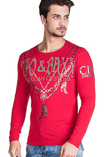 Cipo & Baxx Herren Langarmshirt Glänzend Longsleeve Sweatshirt Print Rundhals Sweater Rot XL von Cipo & Baxx