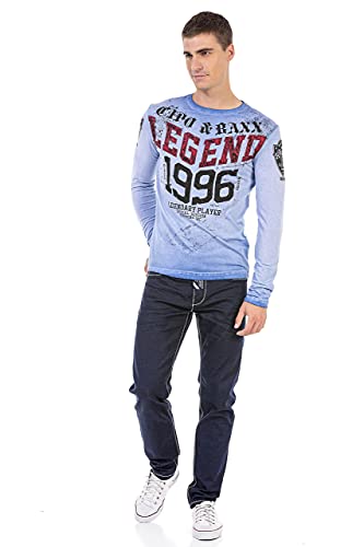 Cipo & Baxx Herren Langarmshirt Longsleeve Batikwaschung Frontprint Sweater CL486 Blau L von Cipo & Baxx