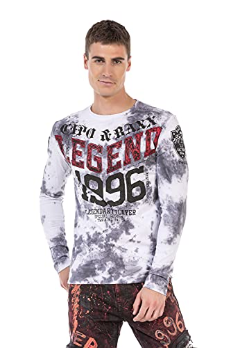 Cipo & Baxx Herren Langarmshirt Longsleeve Batikwaschung Frontprint Sweater CL486 Weiß L von Cipo & Baxx