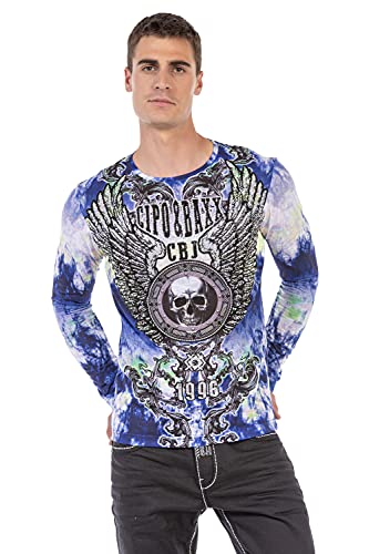 Cipo & Baxx Herren Langarmshirt Longsleeve Batikwaschung Totenkopf Sweatshirt CL471 Blau XXL von Cipo & Baxx