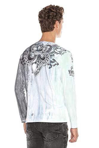 Cipo & Baxx Herren Langarmshirt Longsleeve Sweatshirt Sweater Pullover Print mit Batik Waschung Blau-Grün XXL von Cipo & Baxx