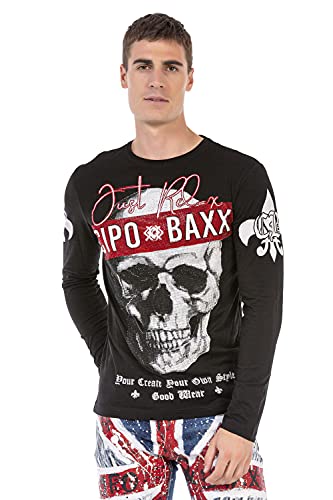 Cipo & Baxx Herren Langarmshirt Longsleeve Totenkopf Strasssteine Rundhals Design Sweatshirt CL454 Schwarz L von Cipo & Baxx