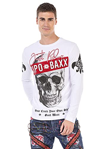 Cipo & Baxx Herren Langarmshirt Longsleeve Totenkopf Strasssteine Rundhals Design Sweatshirt CL454 Weiß L von Cipo & Baxx