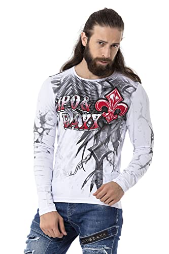 Cipo & Baxx Herren Langarmshirt Print Longsleeve Rundhals Sweater CL522 Weiß M von Cipo & Baxx